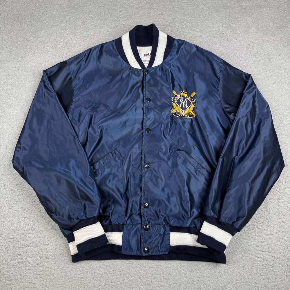 VTG New York Yankees Jacket Mens Large Navy Satin Snap‎ DeLONG USA MLB Baseball